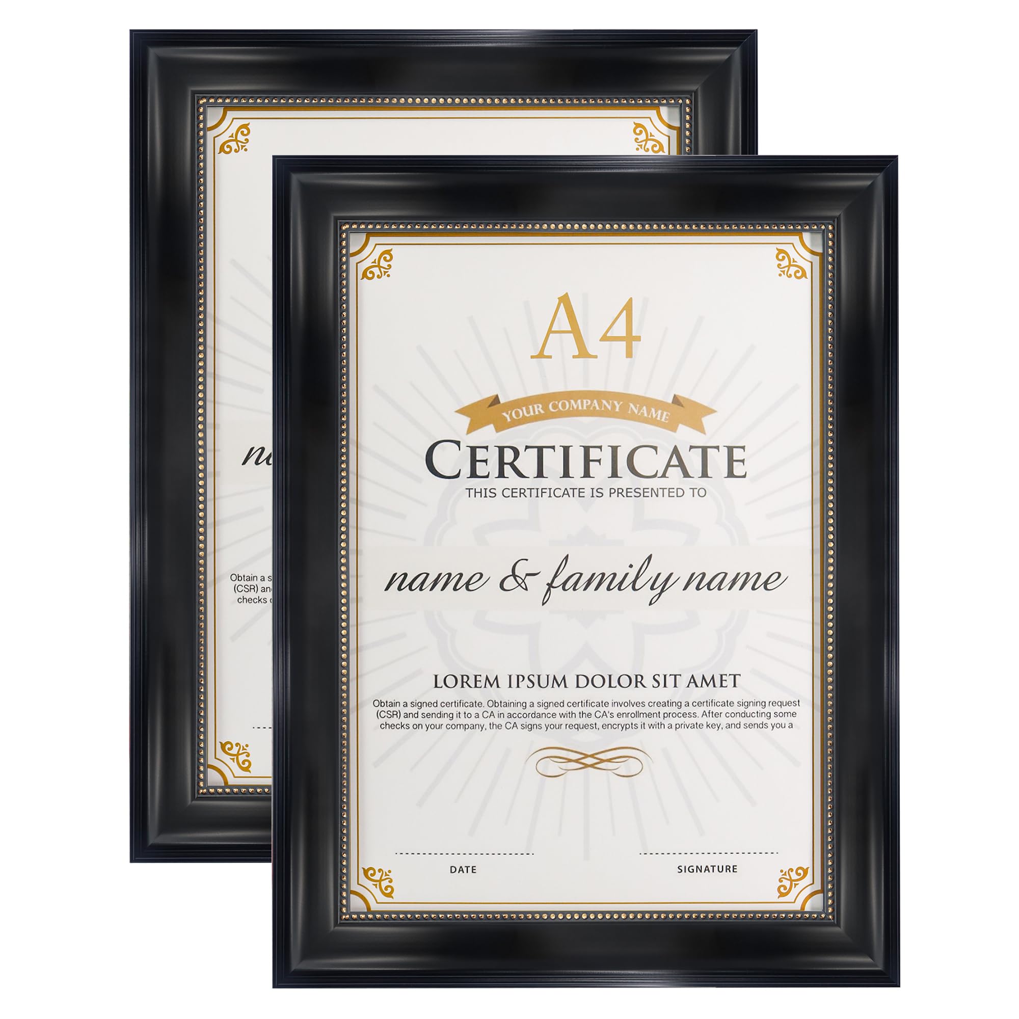 GraduationMall A4 Certificate Frame Diploma Frames Document Picture Holder,Wall & Tabletop Design,Black with Gold Beaded 2 Sets