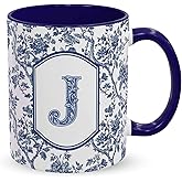 Blue Toile Letter J Mug, 11 oz French Floral Ceramic Coffee Cup Tea Cup with Initials, Personalized Birthday Gifts for Women Men Friend Friendship Unique Aesthetic Mug