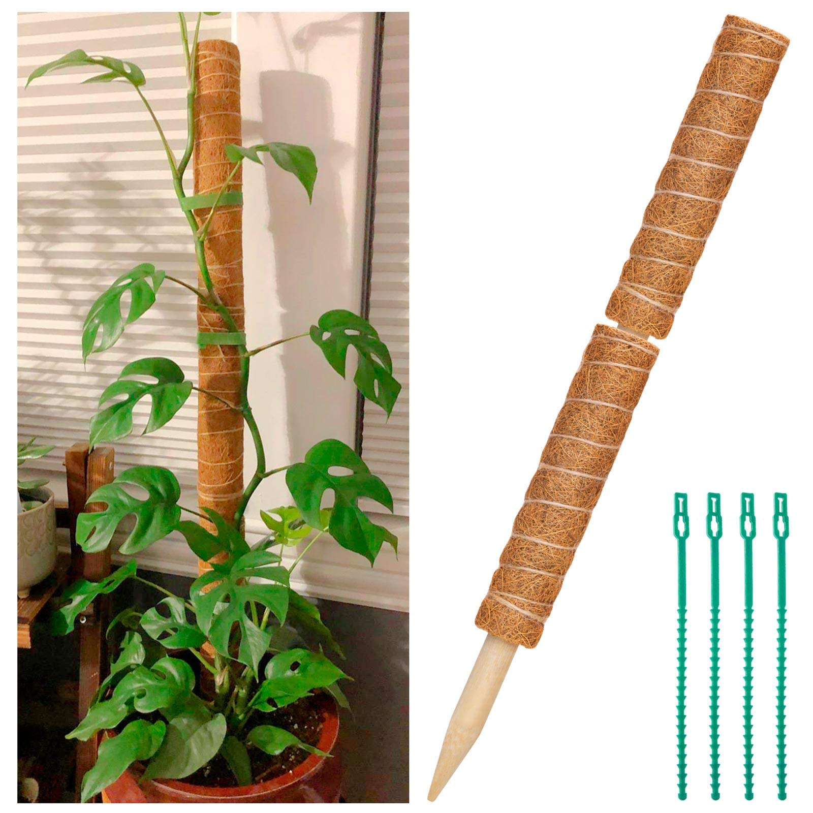 Moss Poles, 2 Pcs 12'' Coir Pole (Total 20'') with 4 Pcs Adjustable Plant Ties for Creepers Plant Support Extension, Climbing Plants Indoor