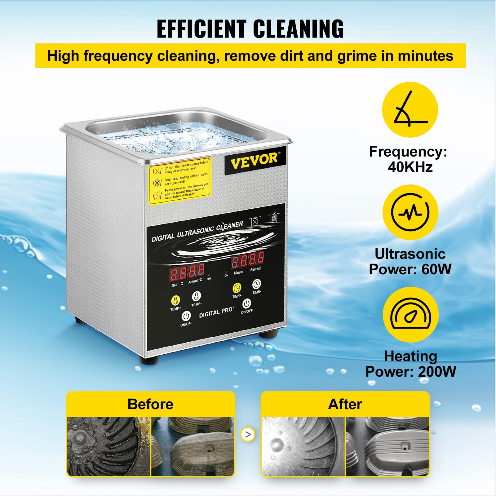 VEVOR 2 L Verbesserter Ultraschallreiniger (100 W Heizung, 60 W Ultraschall) Professioneller digitaler Labor-Ultraschall-Teilereiniger mit Heizungstimer für die Reinigung von Schmuck, Brillenteilen 3