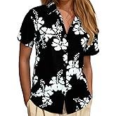 JOGAL Women's Floral Blouse Casual Button Down Short Sleeve Aloha Hawaiian Shirt
