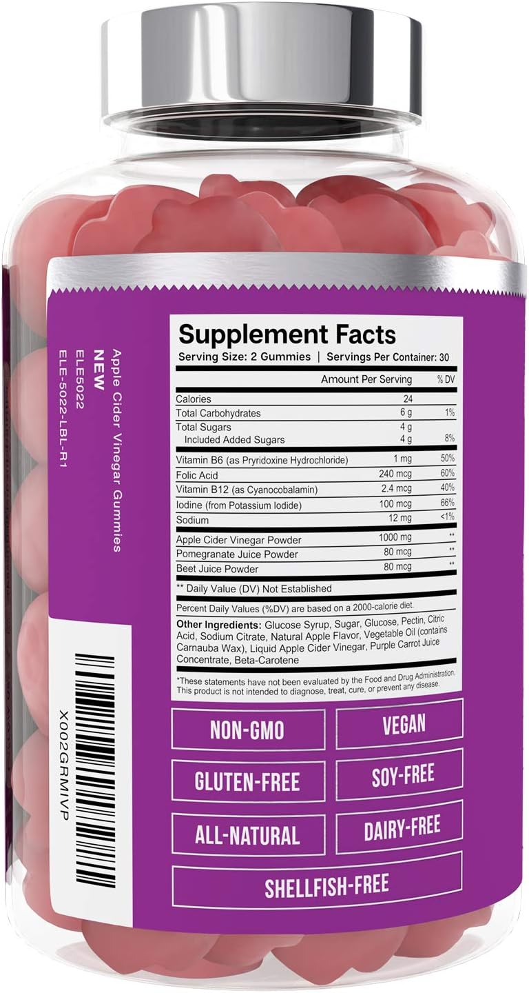 Apple Cider Vinegar Gummies from The Mother - All-Natural, Vegan ACV with Folic Acid and Vitamin B6 & B12 | by Essential Elements - 60 Count: Health & Personal Care