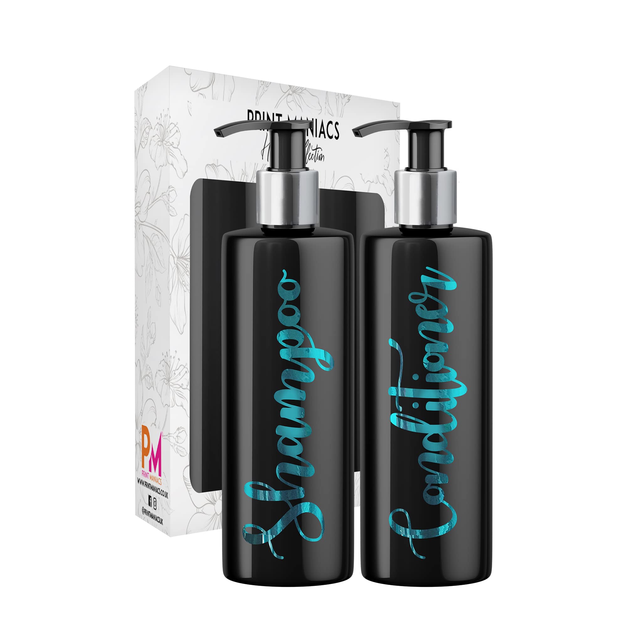 Print Maniacs 2 Set Mrs Hinch Inspired Black Personalised Dispenser Pump Bottles Shampoo Conditioner (Teal)