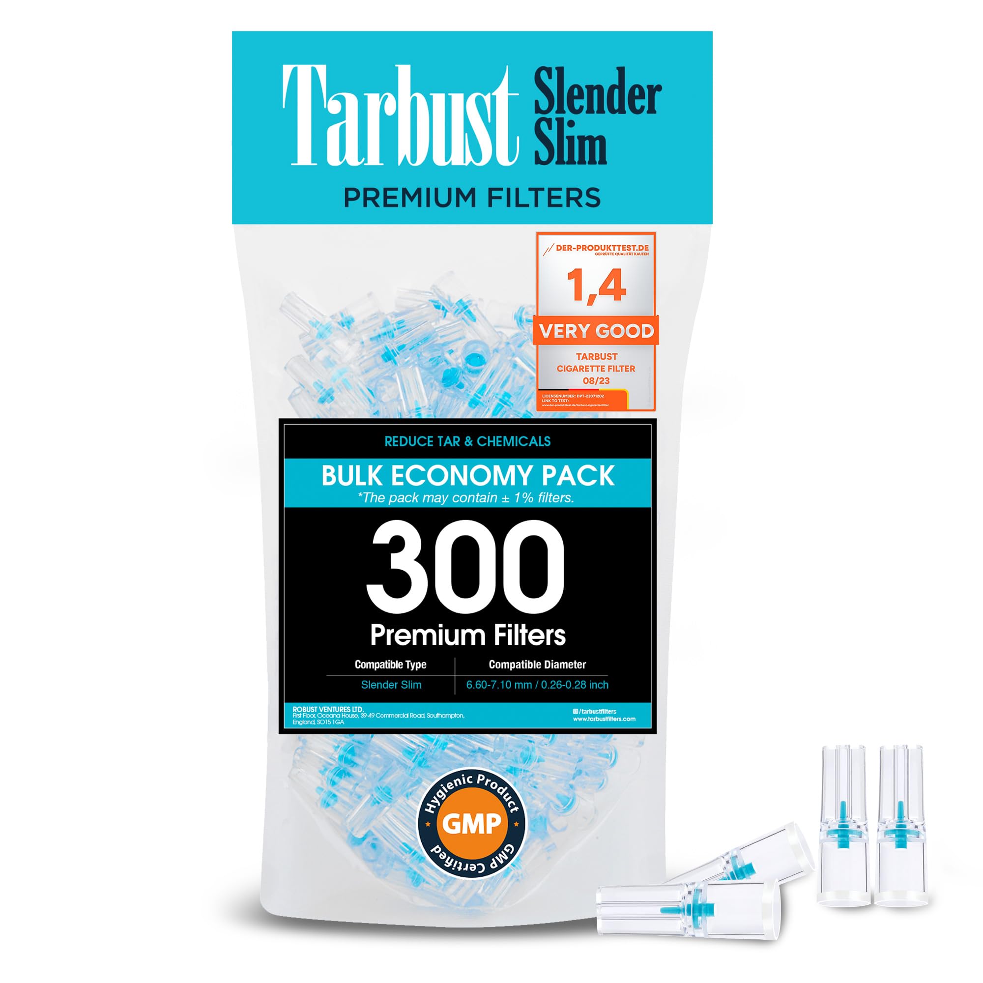 Tarbust Slender 300 Cigarette Filters Tips for Slender Size, Smart Tar Filters for Cigarettes, 300 Plastic Compatible with 6.6-7.1mm Mouthpiece for Smoking