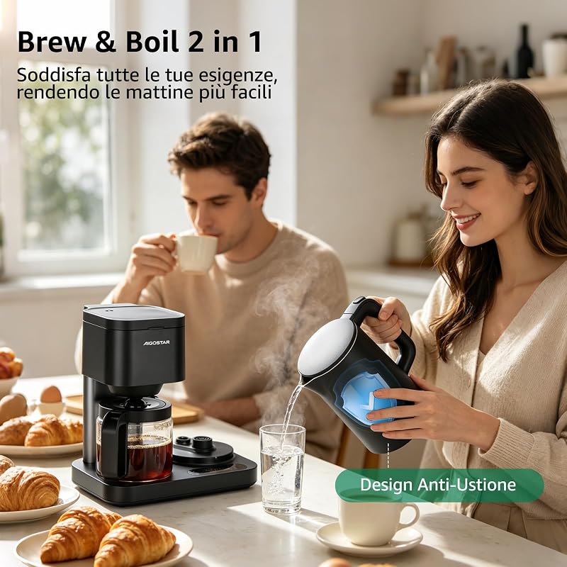 Macchina da Caffè 3‑in‑1, 1,3L/8 Tazze,Temp. 60‑100°C,2 Filtri