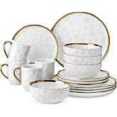 LOVECASA 16 Pieces Plates and Bowls Sets, Porcelain White and Gold Dinnerware Sets, Round Dinner Plates Dishes Set Service for 4, Dishwasher Safe and Scratch Resistant, White