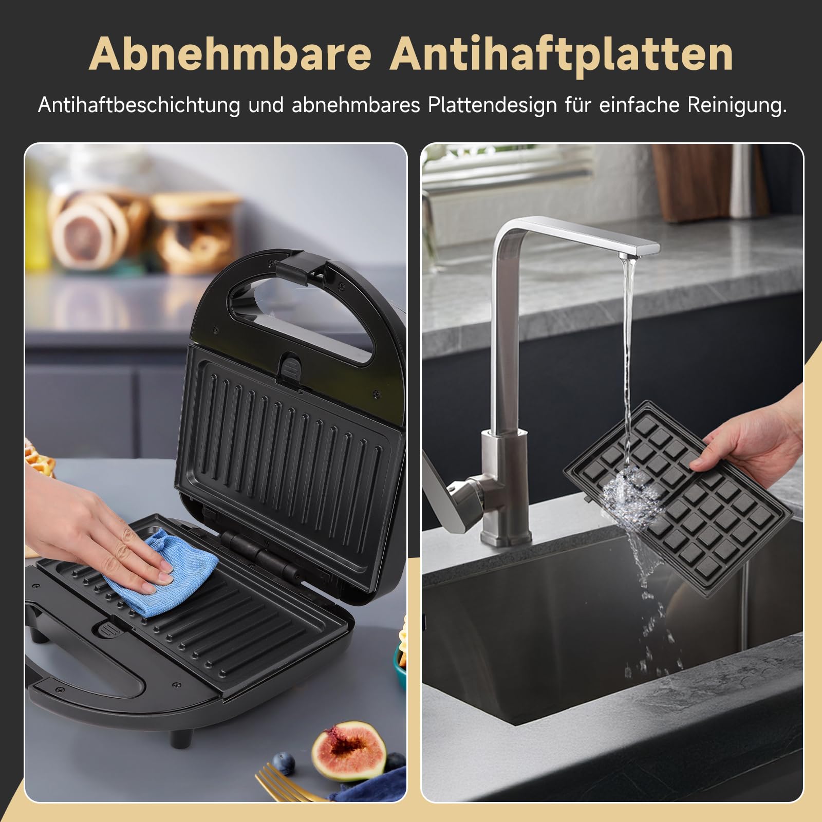 Sandwichmaker 3 in 1, Sandwichtoaster, Kontaktgrill, Waffeleisen 3 in 1, 3 Abnehmbare, Spülmaschinengeeignete und Antihaftbeschichtete Grillplatten, Dreieckig Sandwich Maker 30JVU, 750 W 4
