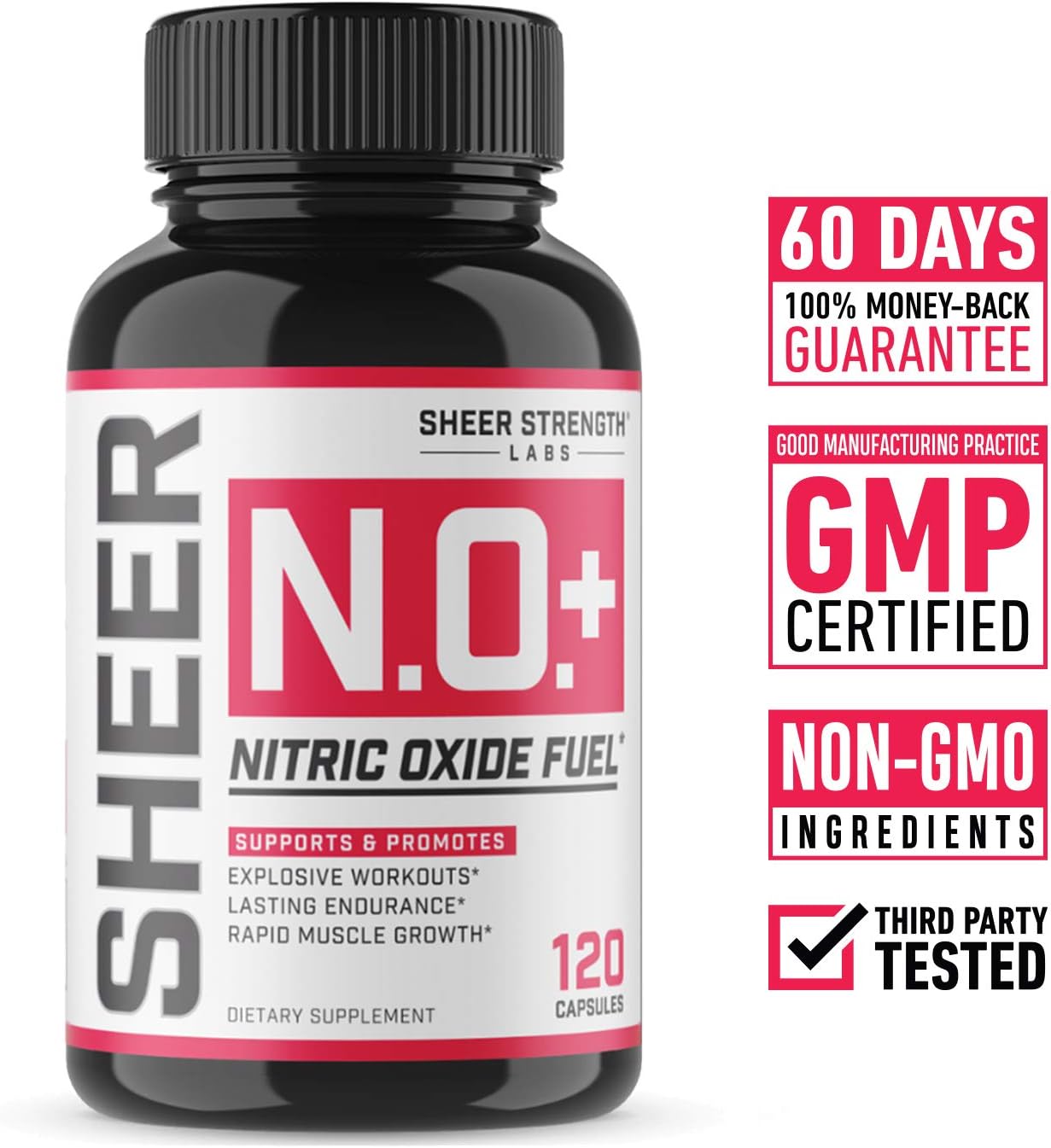 Sheer N.O. + Nitric Oxide Supplement - Premium Muscle Building Nitric Oxide Booster with L Arginine and L Citrulline - Pre Workout Supplement Supports Vascularity & Energy - Sheer Strength - 120ct: Health & Personal Care