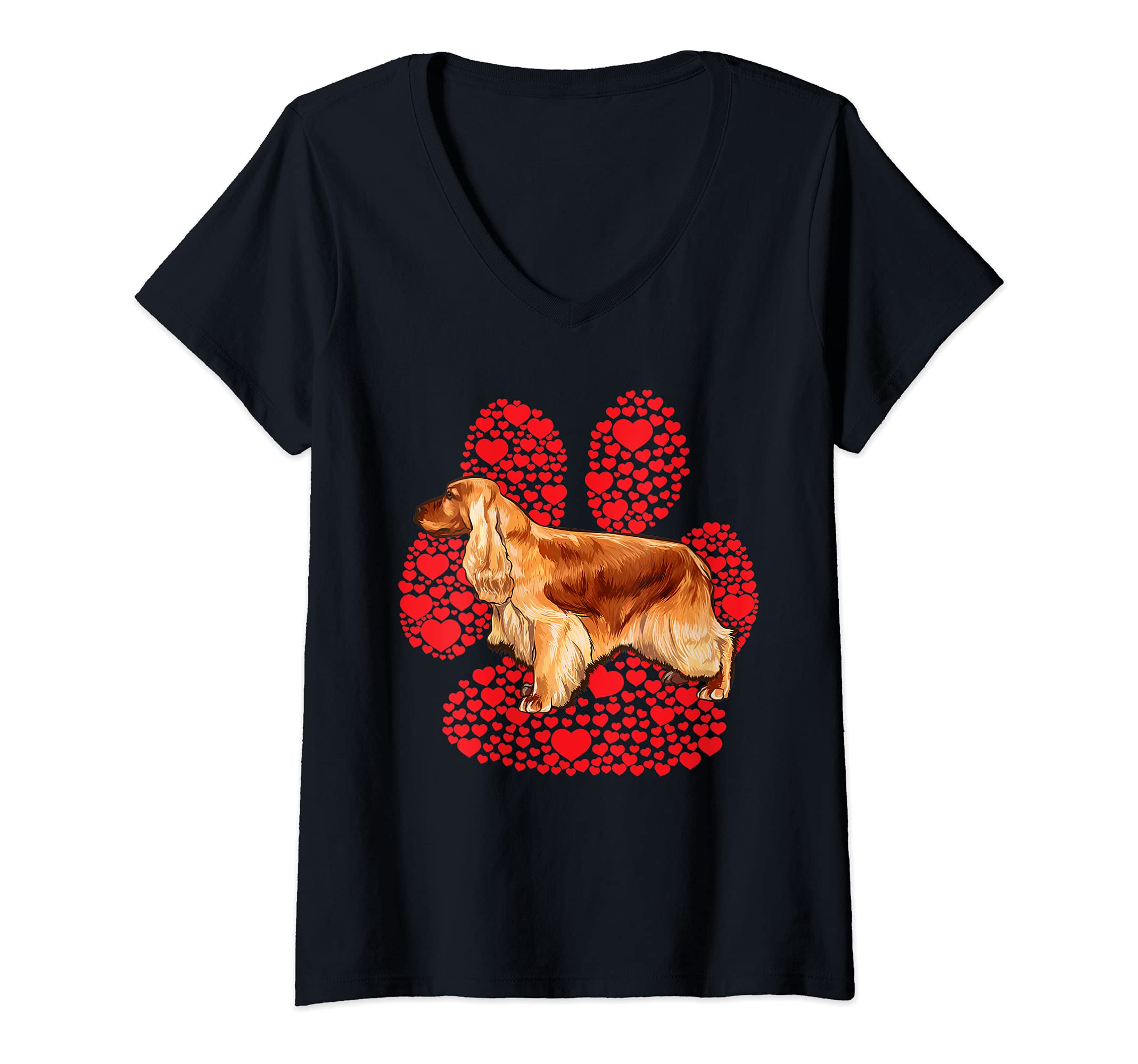 Womens English Cocker Spaniel Valentines Day Dog Love Paw V-Neck T-Shirt