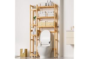 Homde Over The Toilet Storage with Basket and Drawer, Bamboo Bathroom Organizer with Adjustable Shelf & Waterproof Feet Pad, Space Saver Rack for Restroom, Laundry,Natural