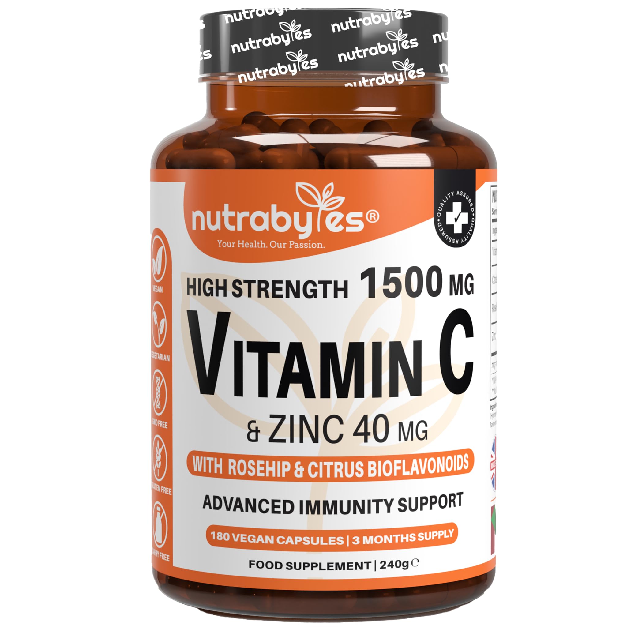 Nutrabytes High Strength 1,500mg Vitamin C & 40mg Zinc Supplement, 180 Capsules | Advanced Immune Support with Zinc, Rosehip & Citrus Bioflavonoids | 3 Months | Vegan Capsules | UK Made