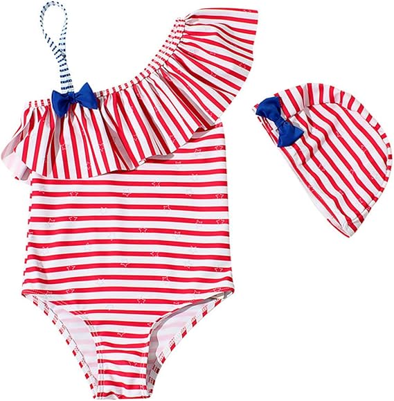 Amazon Mornyray 子供 水着 女の子 キッズ水着 キャップ付き フリル袖 2点セット かわいい ストライプ柄 速乾 紫外線カット 日焼け止め 水着 通販