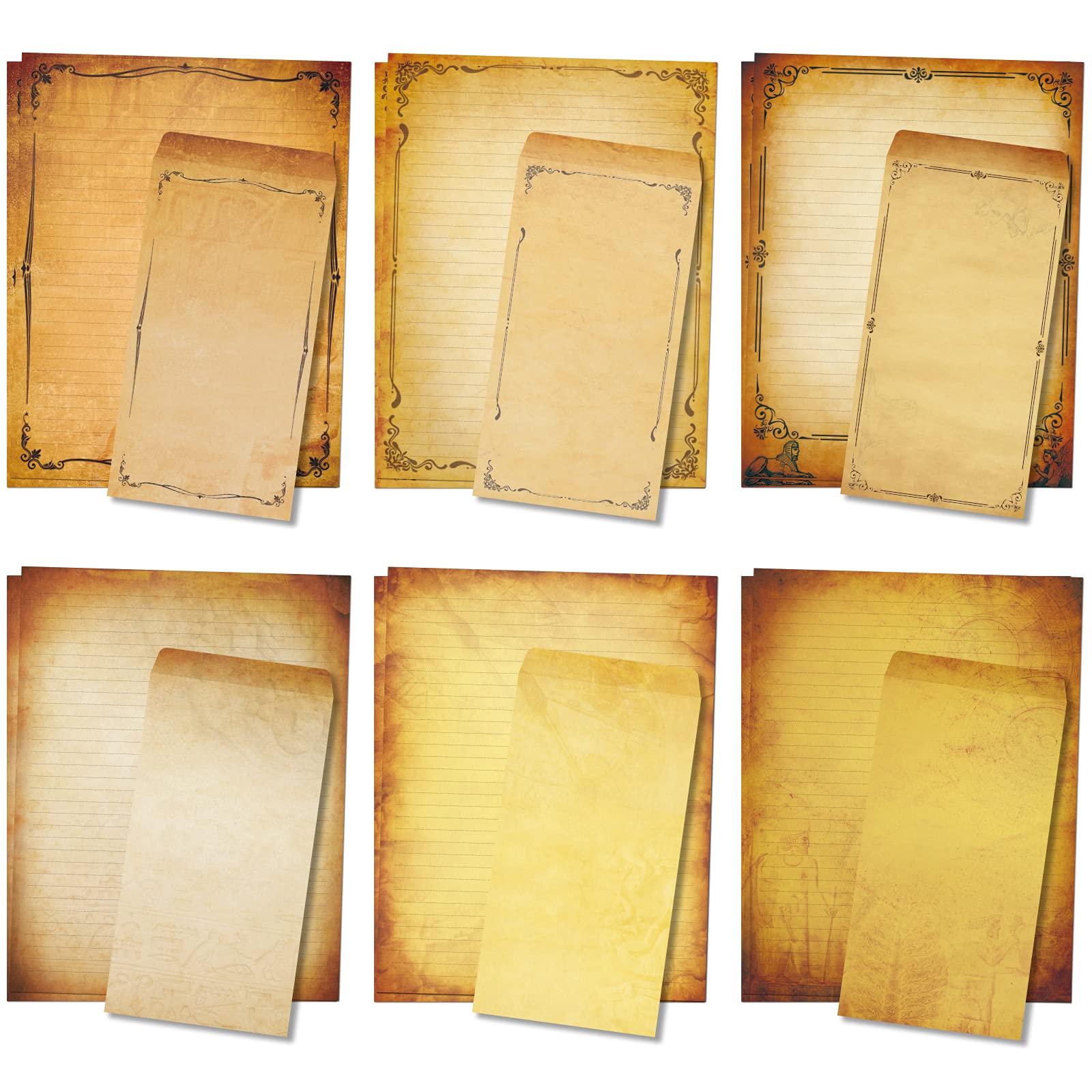 Realistic Parchment Stationery Paper Envelope Set, 48 Pieces Lined Writing Stationary 8.5" x 11" with 24Pcs Self-Sealing Envelopes, Printer Friendly, 6 Antique Vintage Design Aged Old Looking