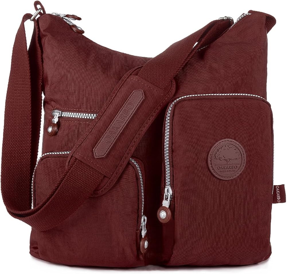 Oakarbo Crossbody Bag Nylon MultiPocket Travel Shoulder Bag (1204 Wine red, Large) Handbags