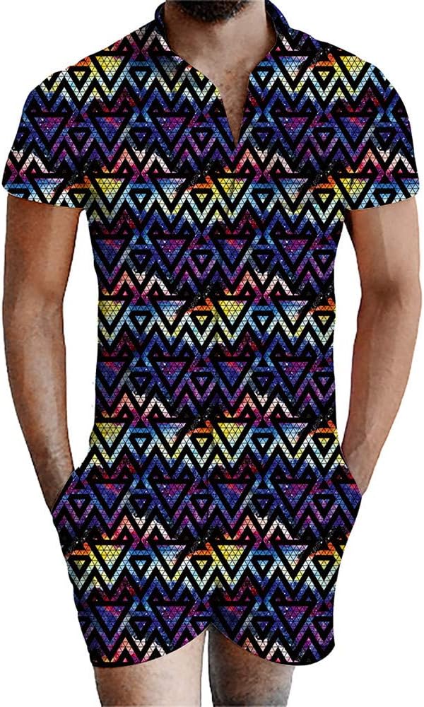 URVIPMen's Printed One Piece Jumpsuit Short Sleeve Romper Overalls with Pocket