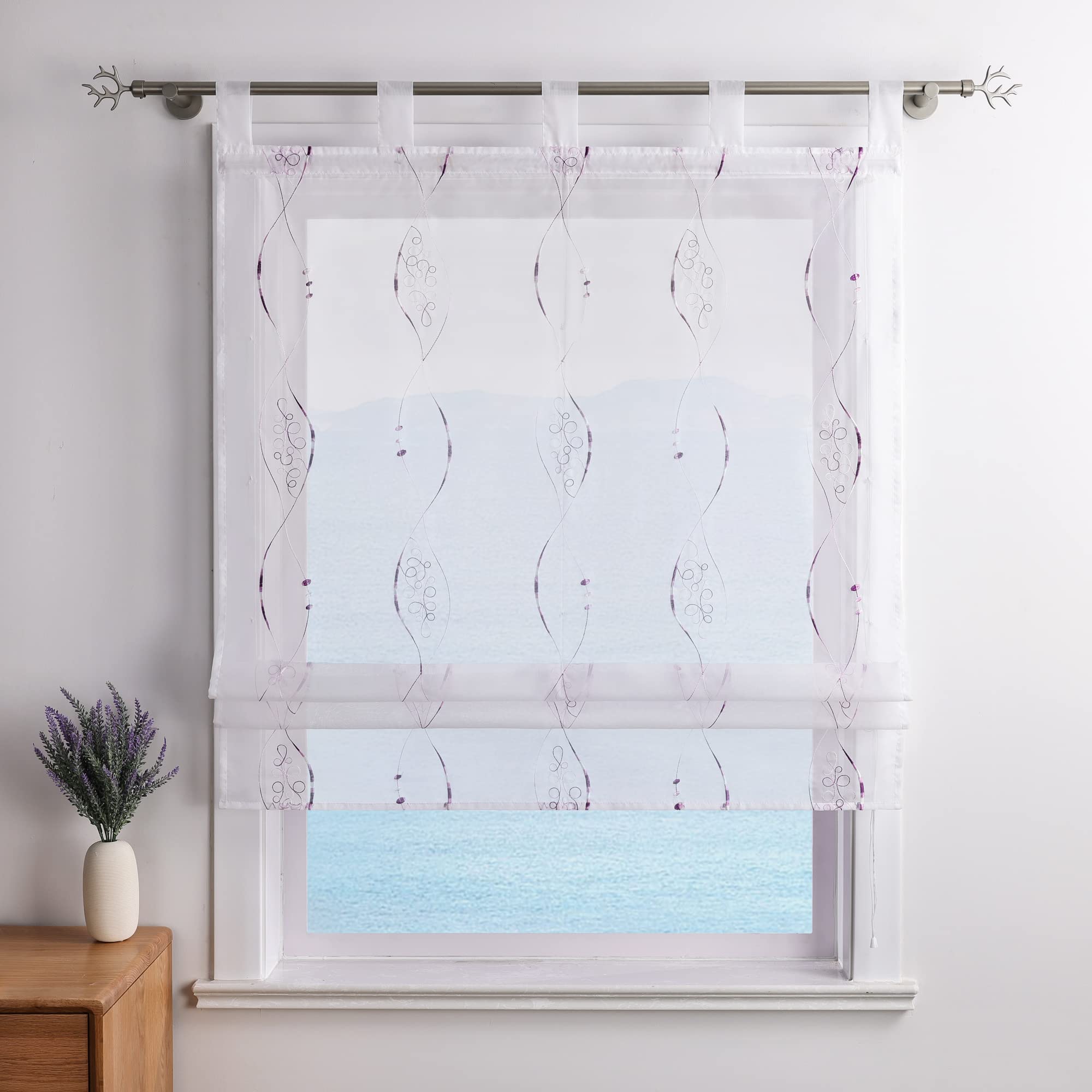 ESLIR Roman Blind Kit with Loops, Kitchen Modern Roman Curtains, Transparent Tab-Top Blind, Embroidered Curtains with Embroidery, Purple, W x H, 80 x 140 cm, Pack of 1