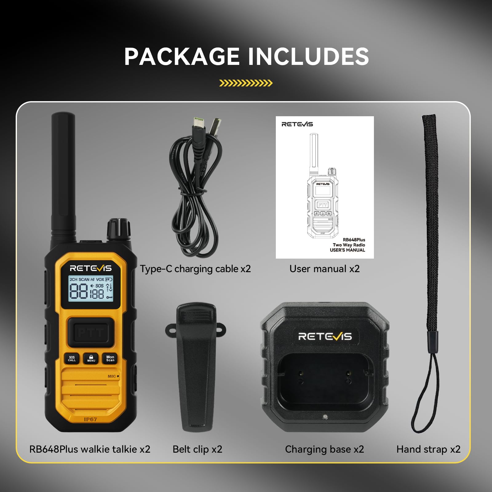 Retevis RB648 Plus Walkie Talkies, IP67 wasserdichte Funkgeräte, Hohe Reichweite, 2000mAh, Vibration, Notfallalarm, Professionelles Robustes Aktualisiertes Walkie-Talkie für Camping (2 Stück, Gelb) 7