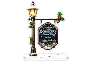 Personalized Christmas Village Sign – Custom Family Name Acrylic Christmas Decor, Freestanding Tabletop Holiday Sign with Sno