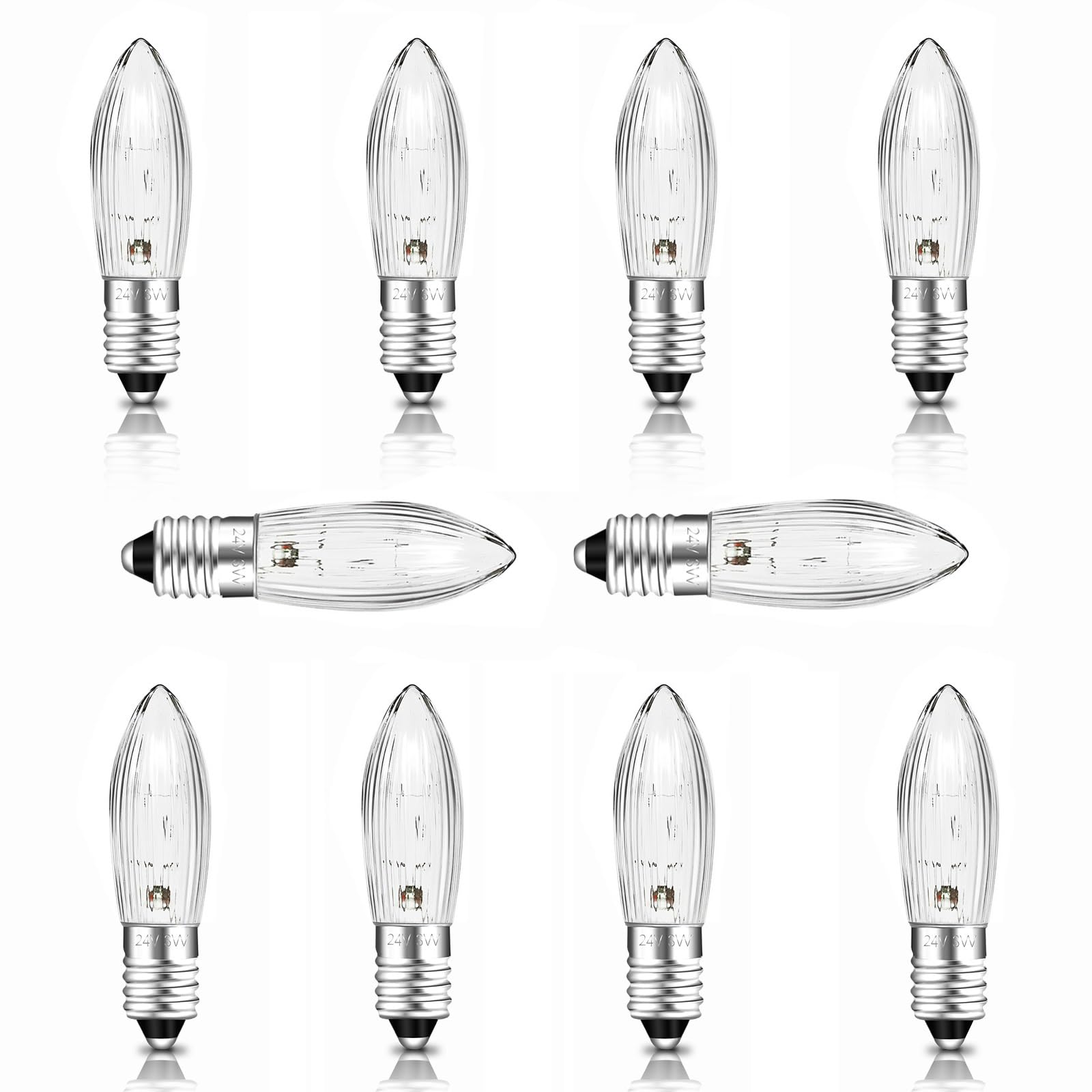 SCNNC Light Bulbs E10 24V 3W, Candle Arch Bridge Replacement Warm White 2700K, Tapered MES Spare Christmas Bulb for Bridge Arch Fairy Lights Candlestick, Pack of 12