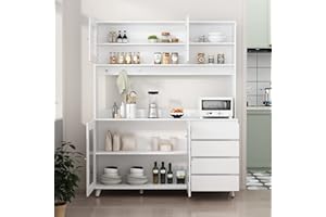 AGOTENI Large Kitchen Hutch Cabinet, Storage Cupboard Pantry with 4 Glass Doors, 4 Drawers & Microwave Shelf, for Kitchen Open Storage, White (63" W x 15.7" D x 74.8" H)