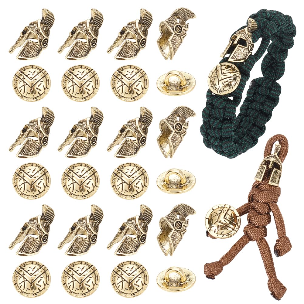 UNICRAFTALE 20pcs Lanyard Beads Antique Golden Parachute Cord Buttons Tibetan Style Spartan Helmet Alloy Parachute Rope European Beads with Alloy Shank Buttons for Bracelet Jewelry Accessories