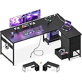 AODK L Shaped Desk with 4 Tier Drawers, 61" Reversible Gaming & Work Desk with Power Outlets, USB Charging Port & Host Stand,
