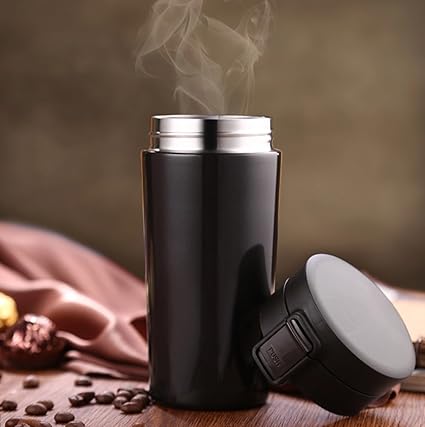 Menzy Double Walled Flip Lid Vacuum Mug for Tea Or Coffee - Hot and Cold, Black (300 ml)