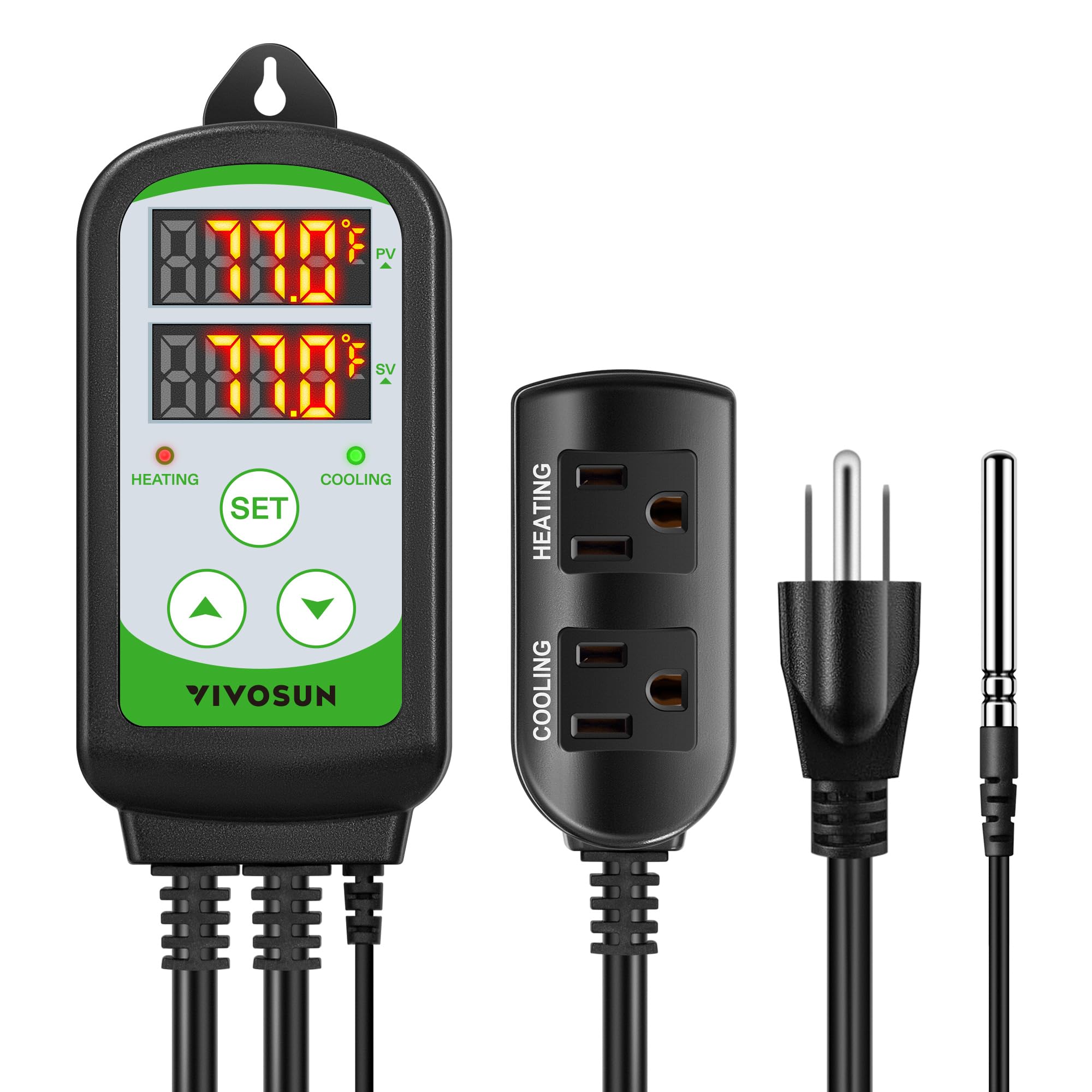 Photo 1 of VIVOSUN 1500W Digital Temperature Controller, 2-Stage Outlet Thermostat Heating and Cooling Mode, Thermostat with Dual LED Display, for Homebrew Fermenter Greenhouse Terrarium, 110-240V 20A 1500W