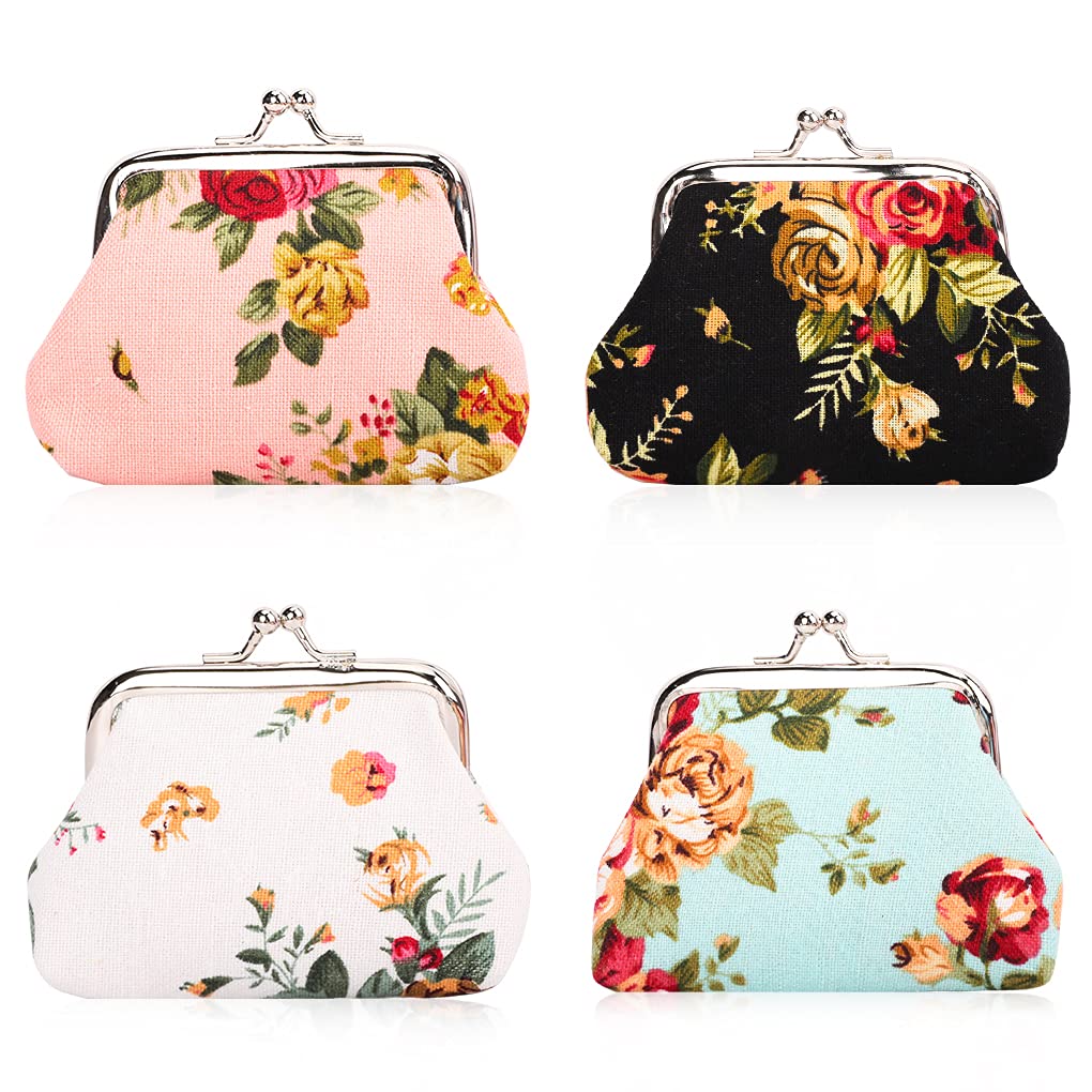 Oyachic 4 Packs Small Coin Purse Floral Pouch Kiss Lock Mini Wallet Rose Snap Clasp Women Closure Wallet Rose Bag Change Handbags Clasp Closure Wallet