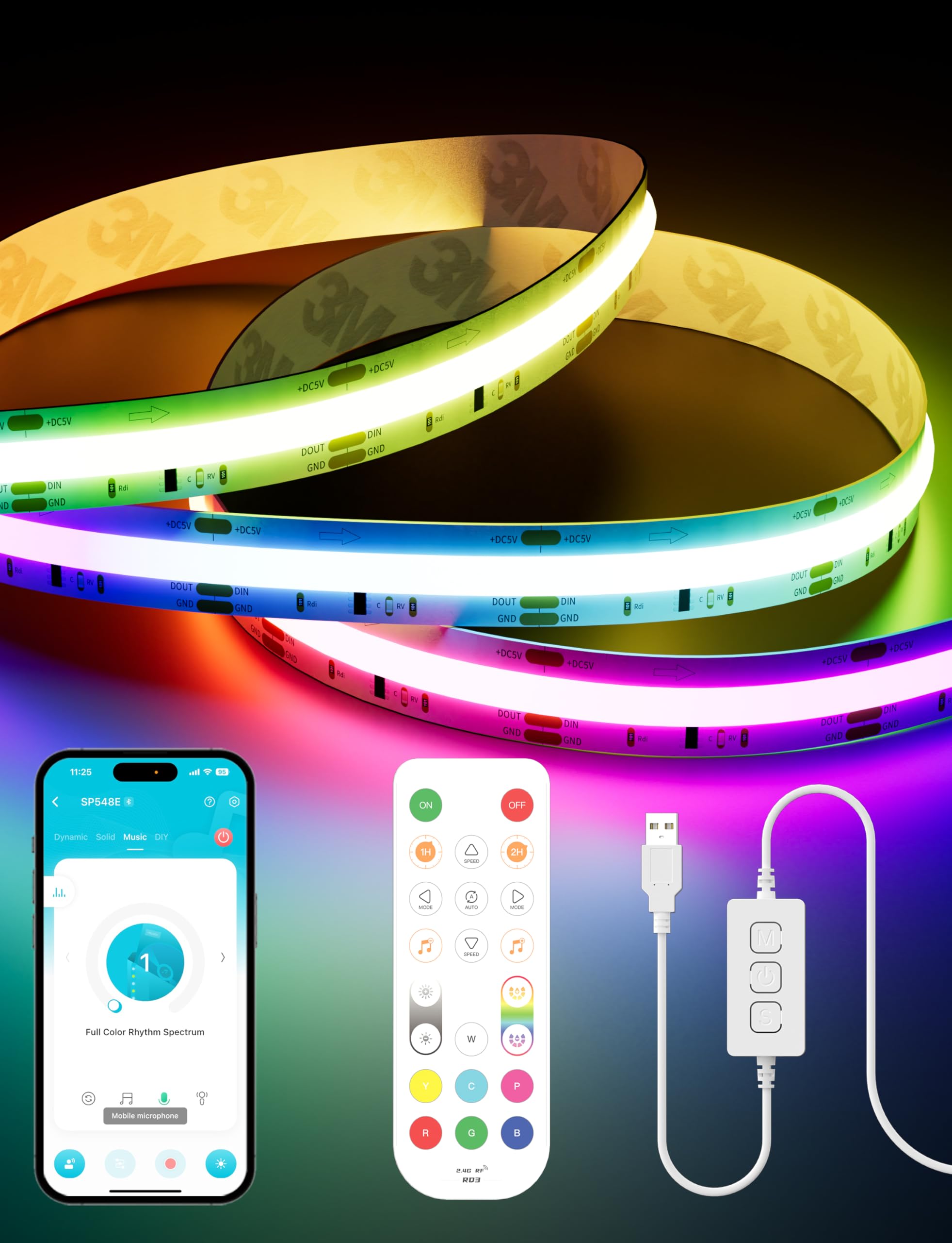 Photo 1 of PAUTIX RGB Smart IC COB LED Strip Light 5V USB,Color Chasing UL-Listed Multicolor Flexible Tape LED Strip Light 9.84ft/3m Compatible with Alexa/Google Assistant,for TV,Desk,Monitor DIY Decoration