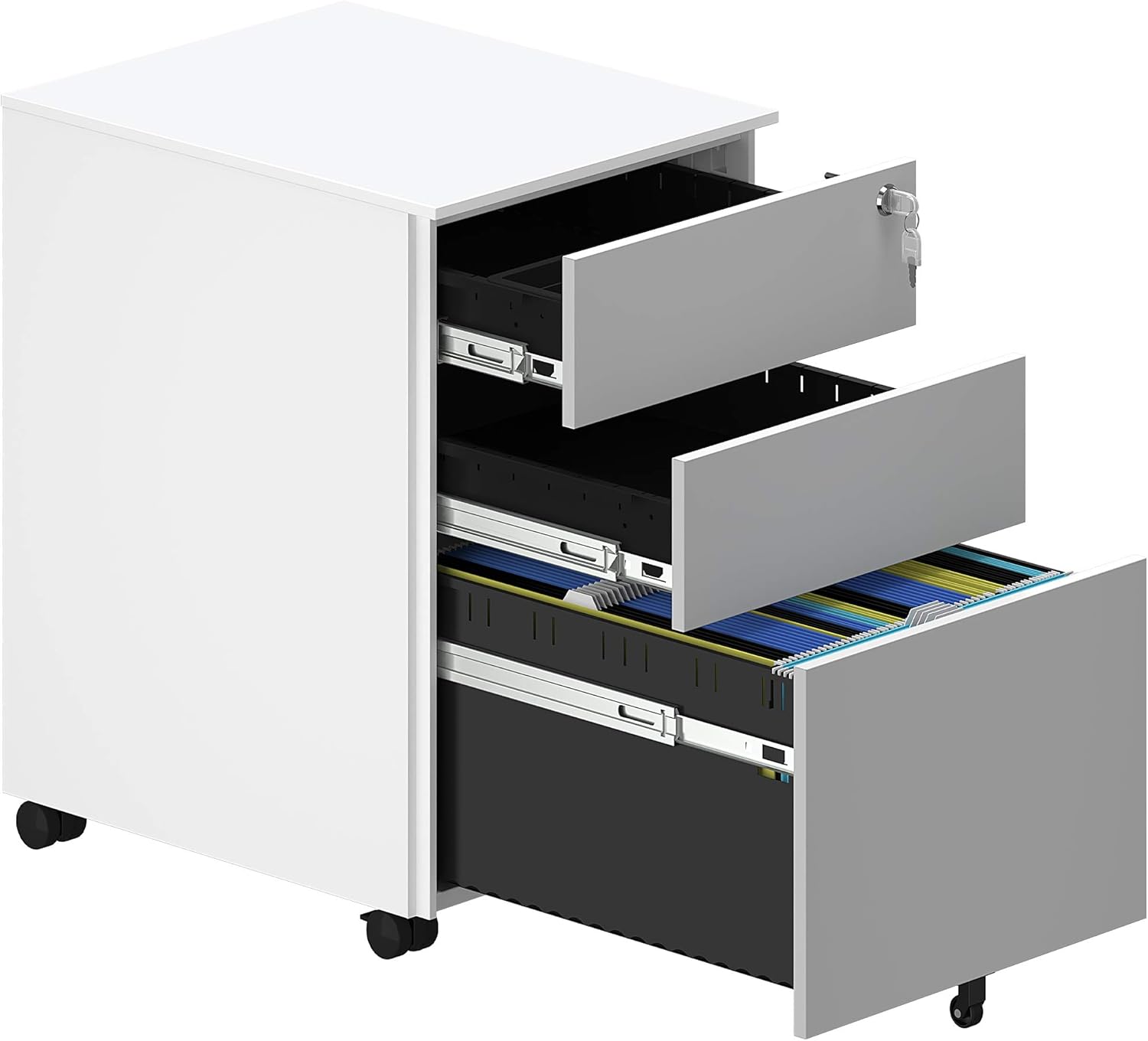 YITAHOME File Cabinet with Lock and Wheels, Metal Portable Filing Cabinet with 3-Drawer, Pre-Built Office Storage Cabinet for A4/Letter/Legal (Grey and White)