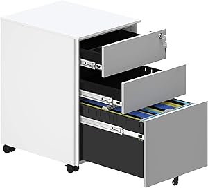 YITAHOME File Cabinet with Lock and Wheels, Metal Portable Filing Cabinet with 3-Drawer, Pre-Built Office Storage Cabinet for A4/Letter/Legal (Grey and White)