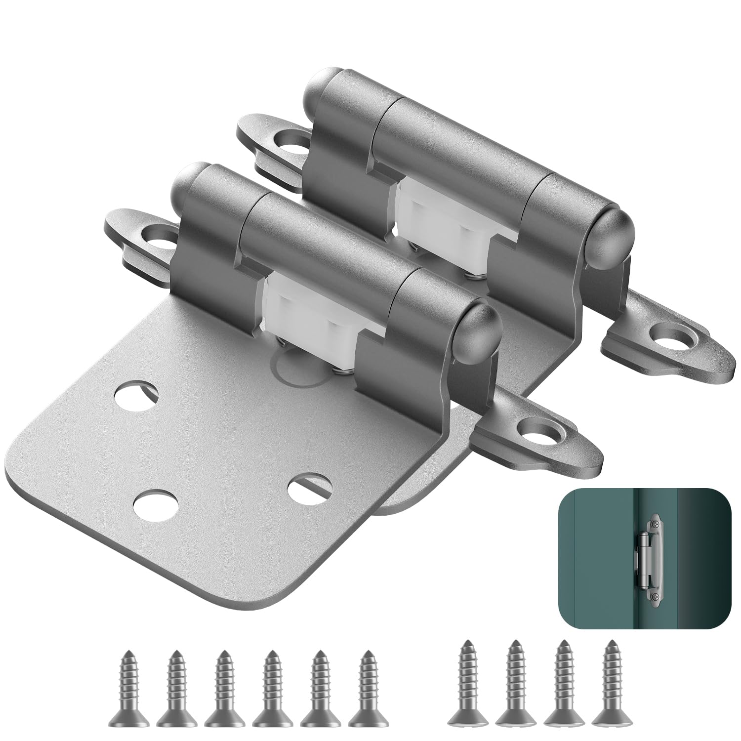 Photo 1 of Brushed Nickel Cabinet Hinges for Kitchen Doors, Self-Closing, 20 Pack (10 Pairs) 1/2 Inch Overlay, Semi-Concealed Face Frame, Surface Mount Cabinet Hardware with Bumpers (20, Brushed Nickel)