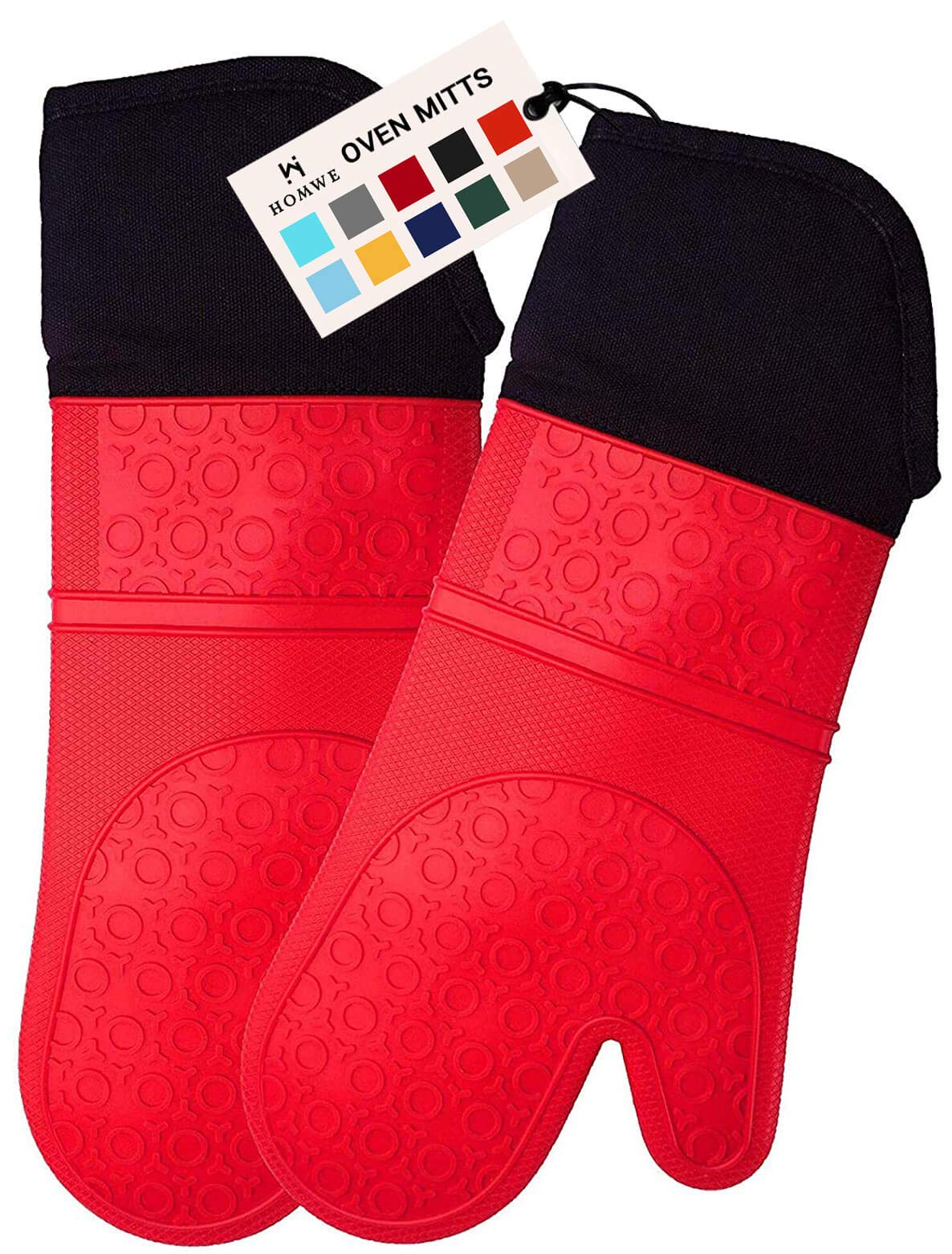HOMWE Extra Long Professional Silicone Oven Mitt, Oven Mitts with Quilted Liner, Heat Resistant Pot Holders, Flexible Oven Gloves, Red, 1 Pair, 14.7 Inch