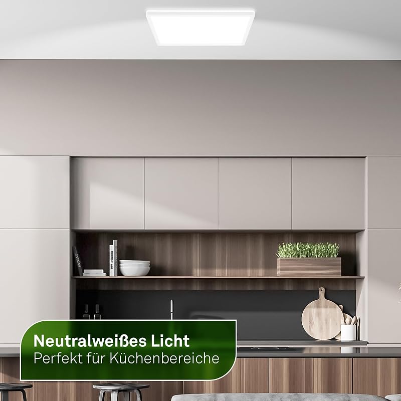 - LED Deckenlampe mit EEK A Lichtquelle, 14W, 3000lm, flach, indirektes Licht, Lampe, Deckenleuchte, Wohnzimmerlampe, LED Panel, Küchenlampe, Flur, 42x42x3 cm, Weiß