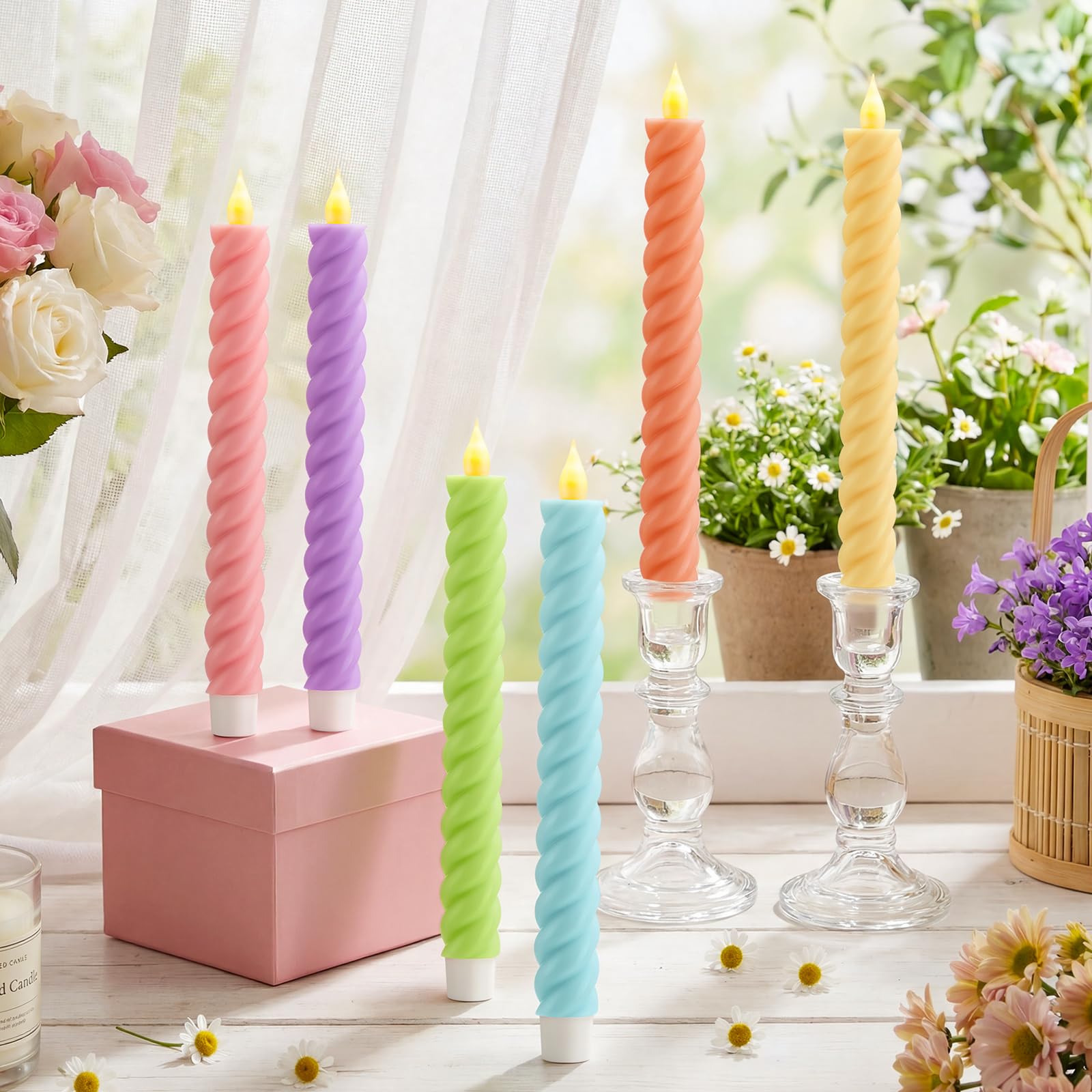Photo 1 of 6 Pcs Easter Spring Flameless Taper Candle Pastel Easter Twisted LED Taper Spiral Candlestick 9.65 Inch Colorful Battery Operated Candles Centerpieces for Spring Tea Party Wedding Birthday Home Decor