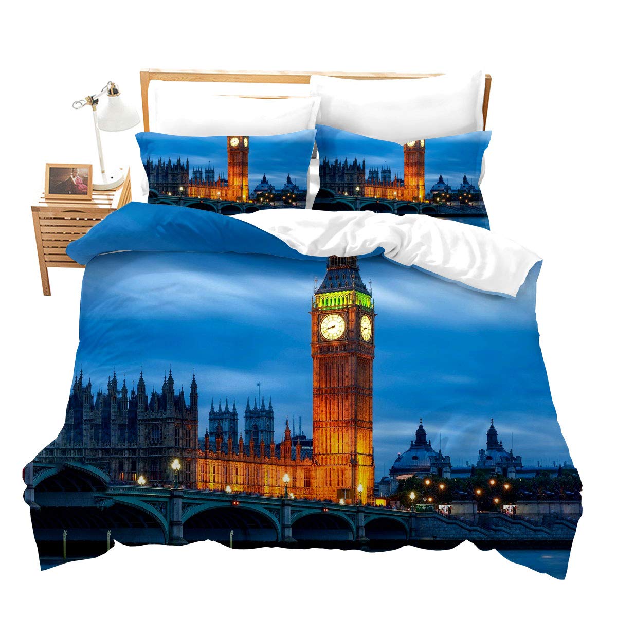 Loussiesd The Big Ben Comforter Cover Set Double Size Modern London Themed Duvet Cover 3D City Scenery Bedding Set Blue Cityscape Bedspread Cover with 2 Pillow Shams Microfiber Bed Cover Zipper — image 1