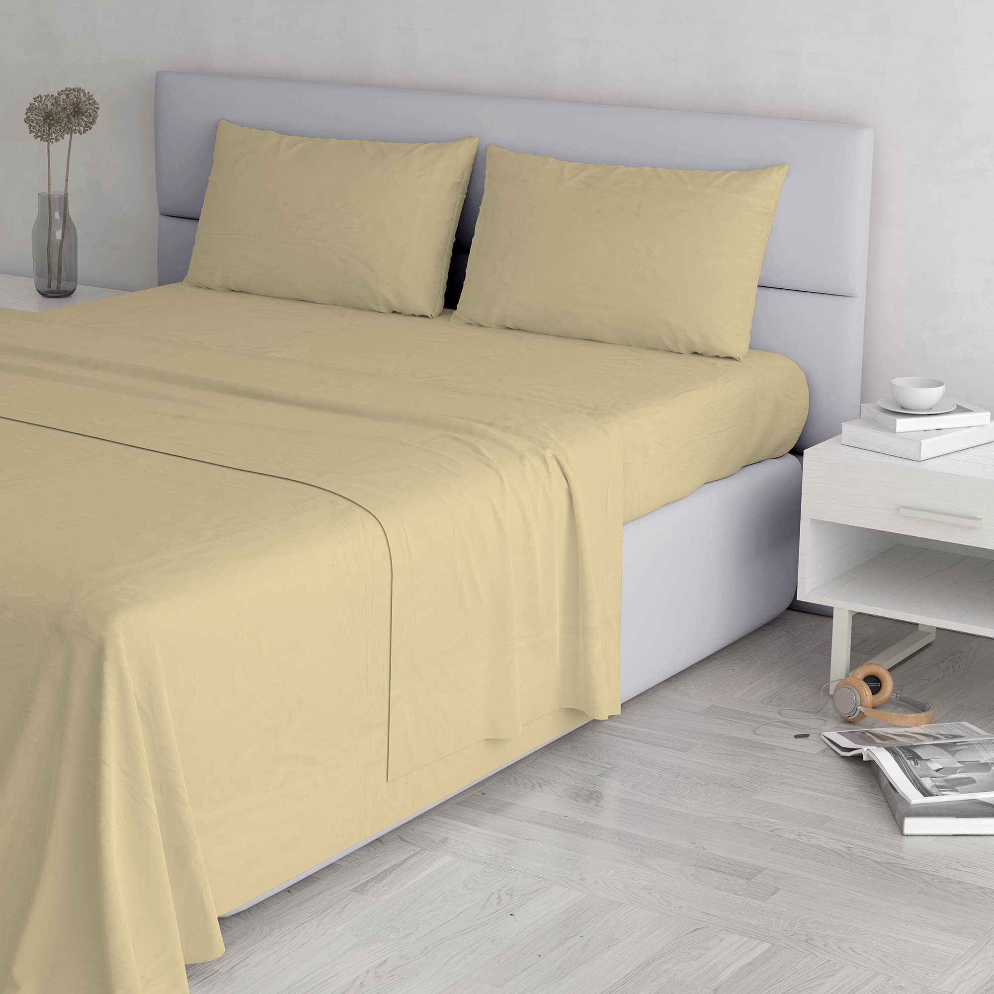 Italian Bed Linen Elegant Bed Linen Set (Flat 250x300, Fitted Sheet 170x200cm+2 Pillowcases 52x82cm), Cream, DOUBLE