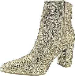 Women Rhinestone Block Chunky Heel Ankle Bootie