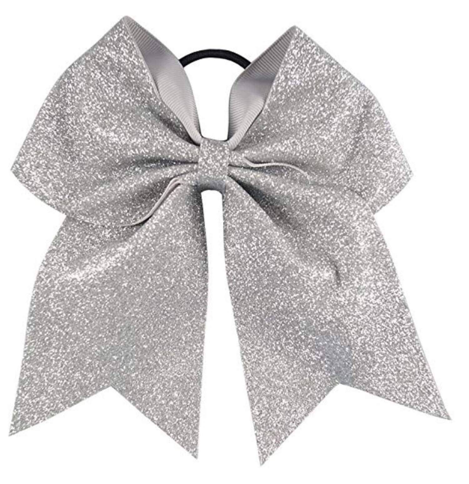 Photo 1 of Kenz Laurenz Glitter Cheer Bows Cheerleading Softball Gifts, Team Bow with Ponytail Holder Complete your Cheerleader Outfit, Strong Hair Ties Bands Elastics for Girls and Women, Silver (Pack of 1)