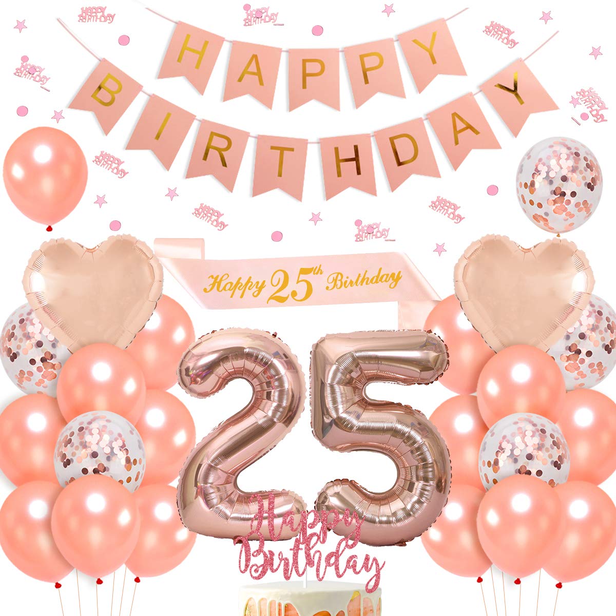 25th Birthday Decorations Rose Gold for Women, 25 Birthday Party Supplies with HAPPY BIRTHDAY Banner Sash, Confetti Latex Balloons Heart Foil Balloons, Cake Topper