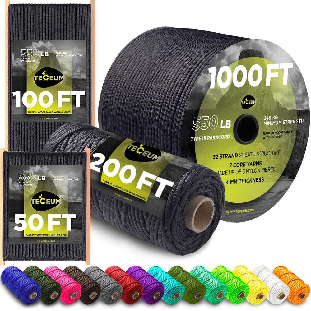 Basalt Ropes TECEUM Paracord Type III 550 Basalt – 100 ft – 4mm – Tactical Rope MIL ...