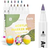 Arrtx 12 Colors Metallic Acrylic Paint Pens for Rock Painting, Extra Fine Tip Metallic Brush Marker for Rock Painting, Ceramic, Glass, Canvas, Mug, Wood, Easter Egg, Waterproof Paint DIY Crafts Making