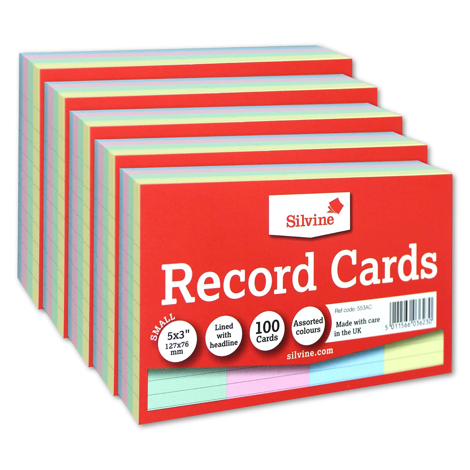 Silvine Record Card Bulk Pack of 500 | 5 x 100 5x3” Coloured Lined with Headline Record Cards – Size Small 127 x 76mm