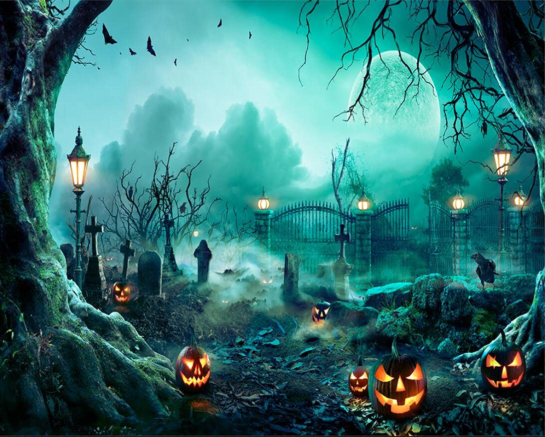 Haosphoto 7X5FT Halloween Backdrop for Photography Halloween's Carnival Night Cemetery Pumpkin Grimace Backdrops Horrible Moon Night All Saints' Day Background for Hallowmas Photo Studio Props HS367