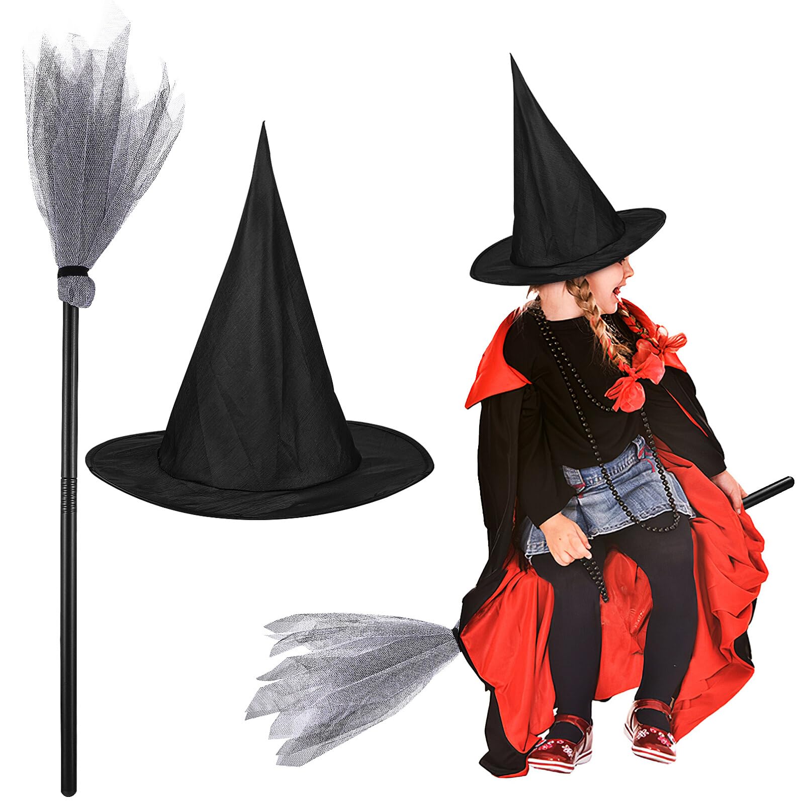 BESPORTBLE Halloween Witch Broom Hat Set, Witch Hat with Halloween Broom Props, Realistic Wizard for for Cosplay Favors Costume