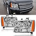 Headlight Assembly for 2007-2013 Chevy Tahoe Suburban Avalanche Replacement Headlights Driver and Passenger Side Pair, Chrome Housing Amber Side