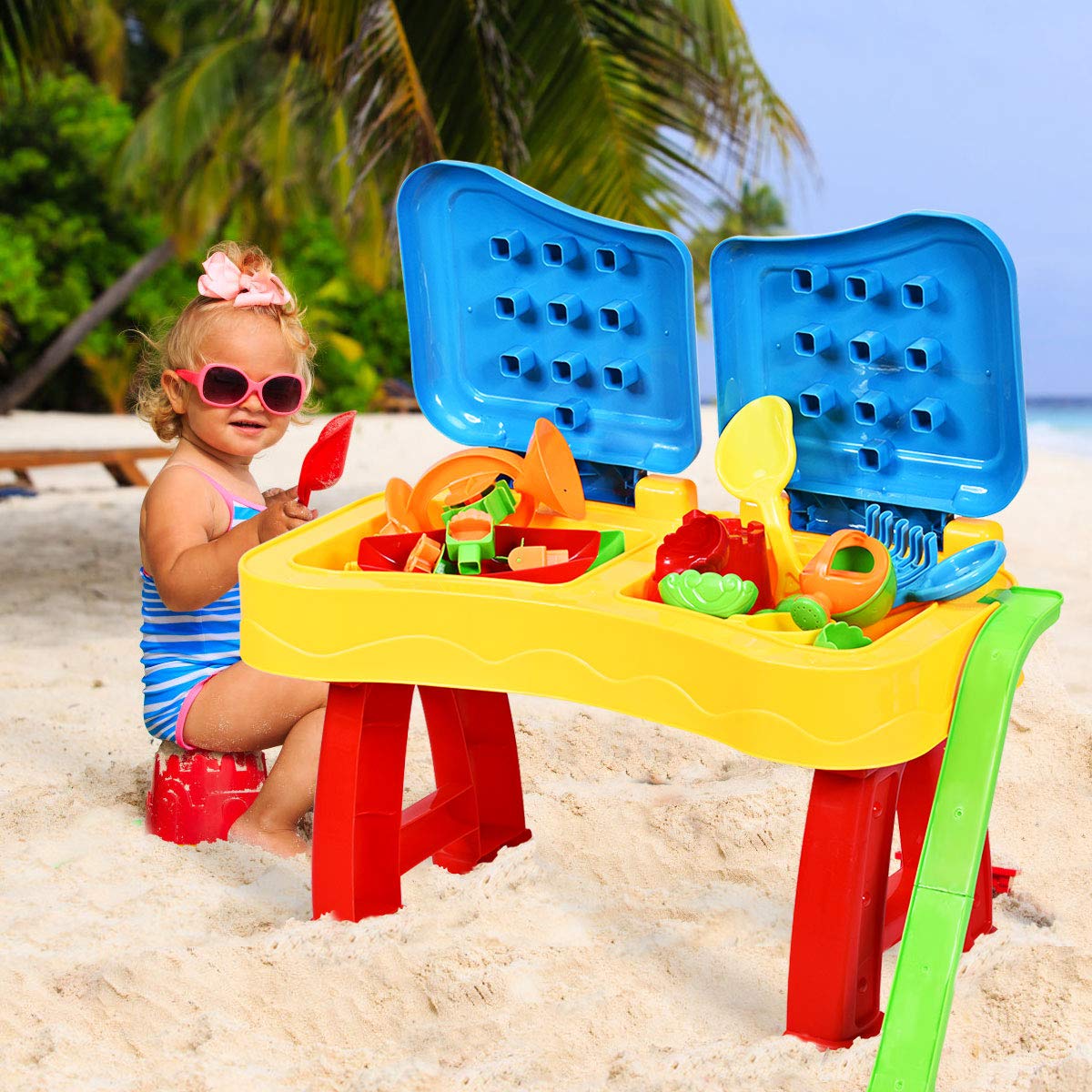 Goplus Sand Und Wasser Spieltisch Sandtisch Mit Klappbarem Deckel Wassertisch Inkl Formchen Schaufel Giesskanne Segelboot Sanduhr Fur Kinder Ab 3 Jahre 31 Pcs Amazon De Baby