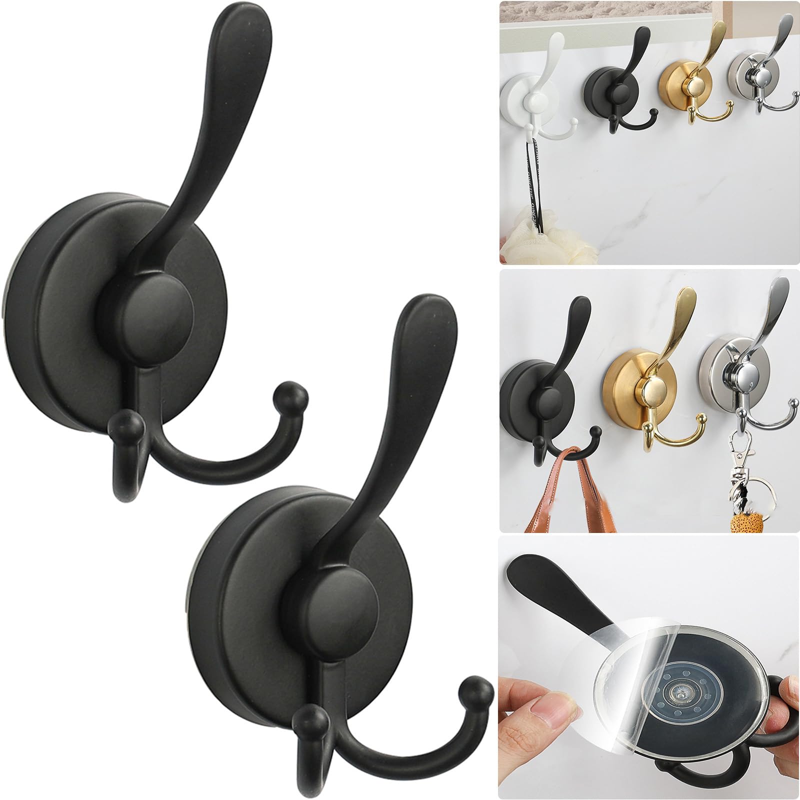 Boxonly No-Drill Suction Cup Duck Tongue Twin Hooks,2024 Upgraded Stainless Steel Waterproof Hooks for Bathroom,Shower,Kitchen,and Mirrors–Heavy Duty Towel Holders(2 Pcs, Matte Black)