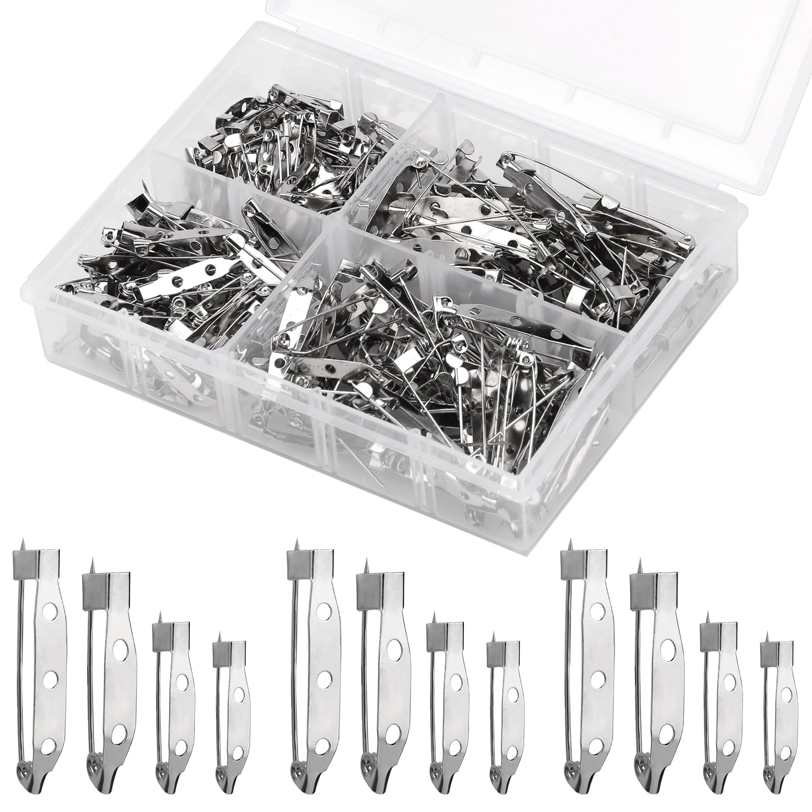 200 Pcs Brooch Badge Bar Pins Safety Pins, Back Clasp Safety Pin with Holes for Jewelry Making, Name Tags and DIY Crafts(20MM/25MM/30MM/35MM)